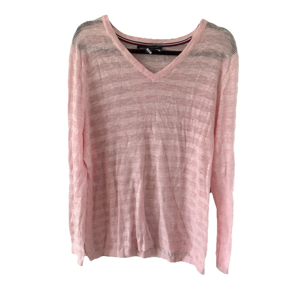 TOMMY‎ HILFIGER Striped Pointelle Knit Pink Cotton V Neck sweater Large